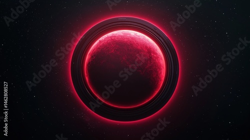 A glowing red planet with rings, surrounded by stars in deep space.