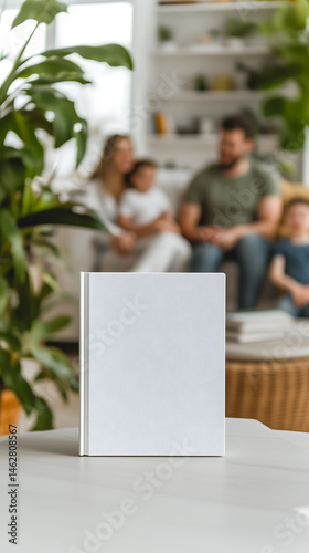 Dans un salon lumineux et accueillant, une famille relaxe ensemble, tandis qu'un livre vierge est placé au premier plan sur une table.
