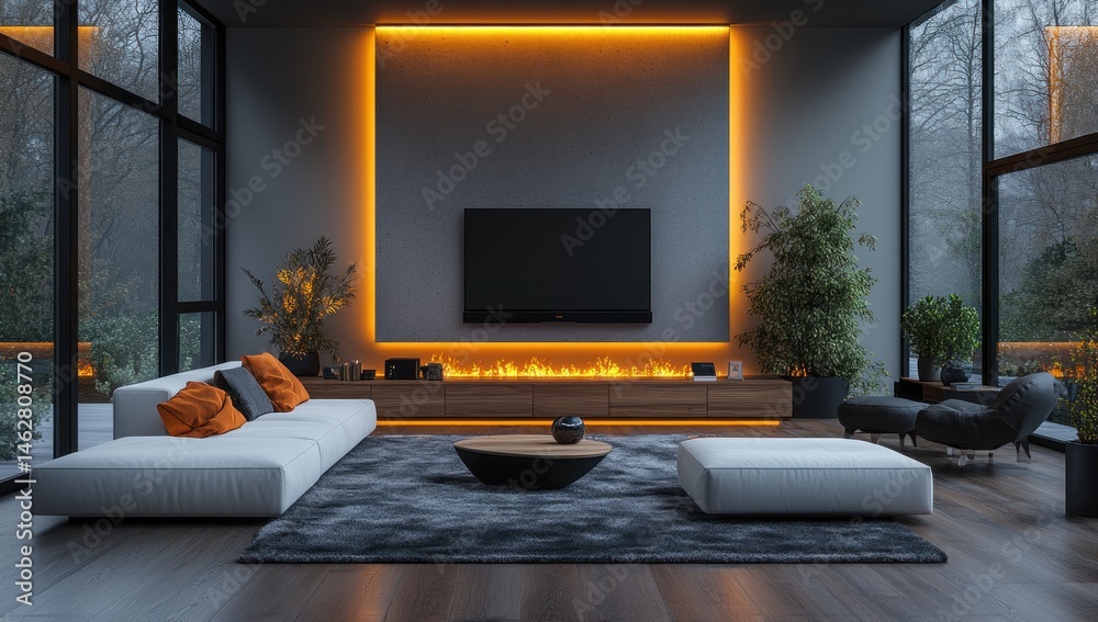 Fototapeta premium Modern living room with fireplace, TV, and large windows overlooking winter landscape