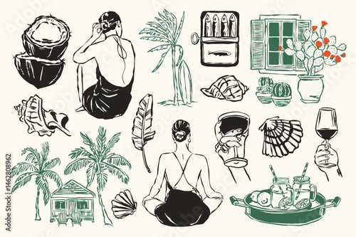 La Dolce Vita sketch style doodles collection. Art for postcards, posters, branding, logo design, background, social media.	