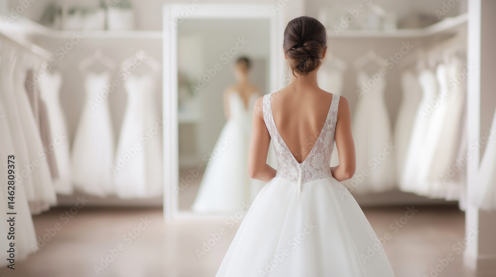 Fototapeta premium Elegant bride admiring her wedding dress reflection in a mirror, in a bright boutique, moments before the ceremony