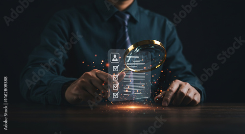 Man in suit holding magnifying glass over digital checklist with profile icon and checkmarks  real estate business ,technology ,selling ,purchasing ,agreement