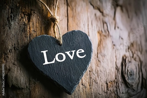 A heart-shaped black slate with the word 