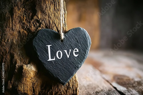 A heart-shaped black slate with the word 
