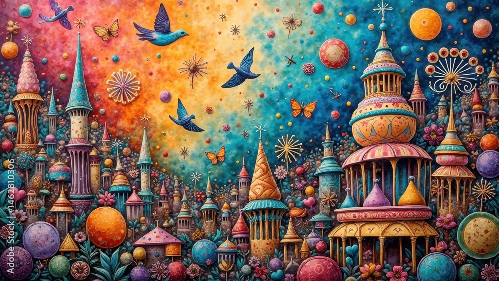 Fototapeta premium Vibrant fantasy landscape with surreal architecture, flying birds, and colorful spheres