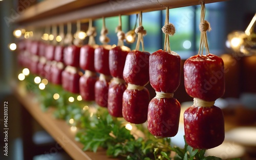 Salami display on shelf with garland