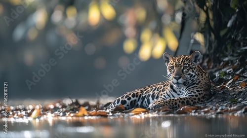 Jaguar resting by riverbank, Amazon rainforest sunrise