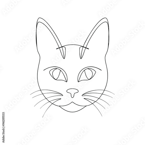 A minimalist continuous line drawing of a cute cat head with detailed eyes and whiskers on a white background.