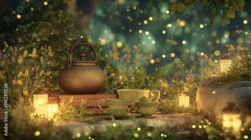 Enchanted Tea Ceremony in a Glowing Fairy Forest