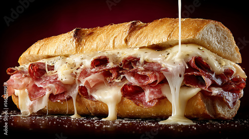 Delicious gourmet sandwich featuring layers of spicy cured meats, melted cheese, and herbs, all nestled in fresh, crusty bread. enticing combination creates mouthwatering experience