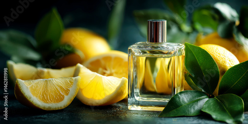 Open perfume bottle with aromatic essential oil, leaves and slices of lemon on dark textured table, closeup