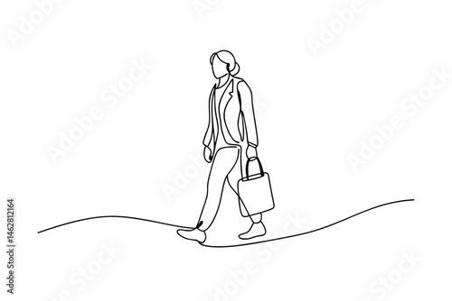 Businesswoman carrying a tote bag depicted in a continuous line drawing representing style and sophistication against a white backdrop.