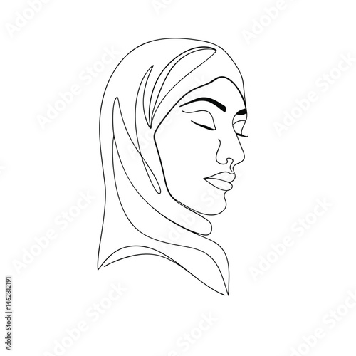 Minimalist continuous line drawing of a serene muslim woman wearing a hijab with closed eyes expressing peace and tranquility