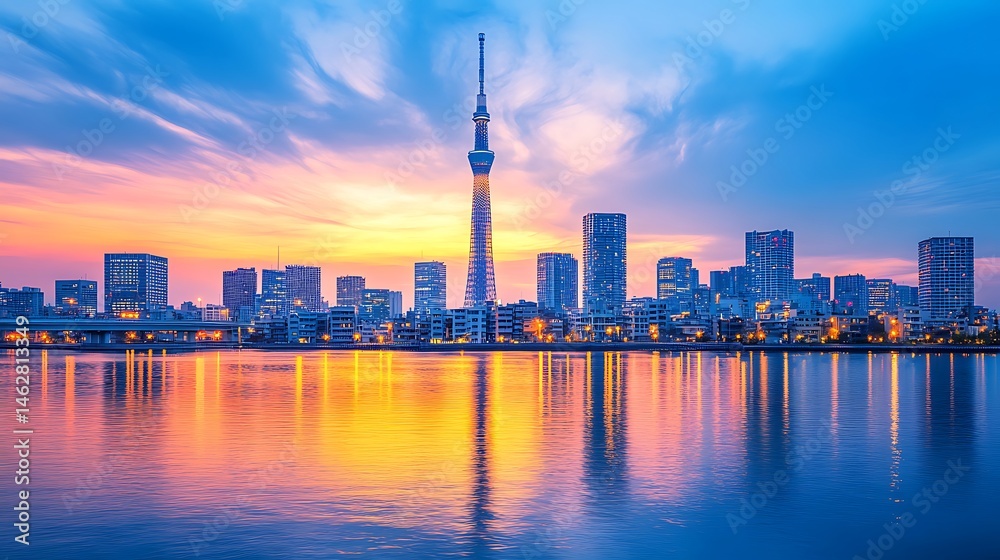 Obraz premium City lights glowing and reflecting in night skyline high resolution picture