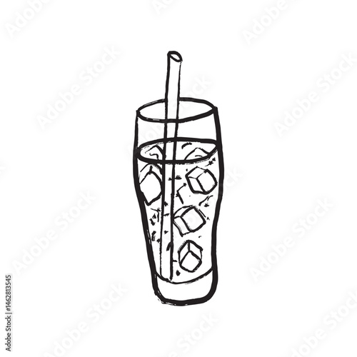 Summer cold drink in tall glass with ice cubes and straw in black brush stroke texture isolated on white. Hand drawn vector sketch illustration in vintage charcoal ink. Summer alcohol cocktail.