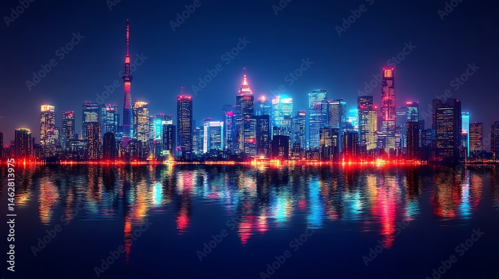 Obraz premium City night skyline mirrored on still river surface high resolution picture