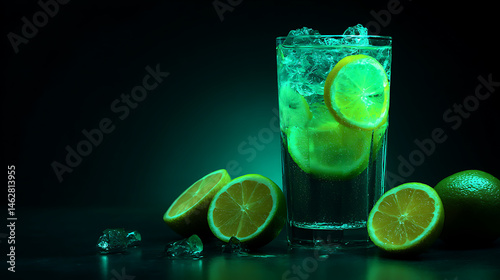 Refreshing lemon soda in glass filled with ice, surrounded by fresh lemon halves, creates vibrant and inviting atmosphere. neon lighting enhances drink appeal, making it perfect for summer