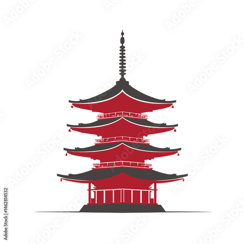 Japanese pagoda illustration in red and black style  