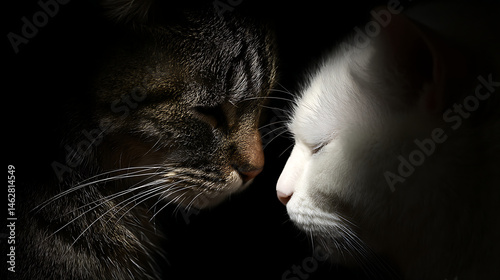 Two cats, one tabby and one white, face each other dramatic lighting setting, showcasing their features and expressions. contrast highlights their fur textures and emotional connection between