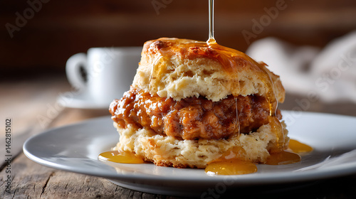 Delicious biscuit sandwich featuring crispy fried chicken, drizzled with golden honey, served rustic wooden table. warm, flaky biscuit complements savory chicken perfectly, creating mouthwatering