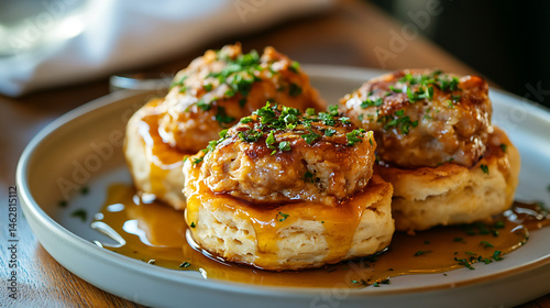 Delicious Southern style biscuits topped with savory sausage patties and drizzled with honey create mouthwatering dish that is both comforting and satisfying