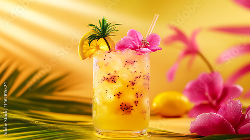Vibrant tropical drink featuring refreshing blend of lemonade infused with dragonfruit, garnished with slice of lemon, sprig of pineapple, and colorful flowers, evoking sunny paradise