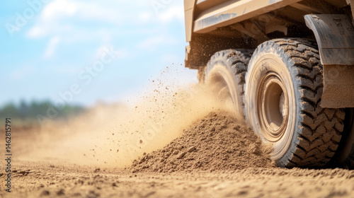 Dump truck is unloading sand on a construction site, creating a cloud of dust and sand particles