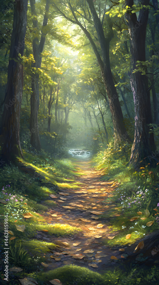 Obraz premium A Serene Stroll Through Sunlit Forest Paths Amidst Towering Trees and Melodic Birdsong