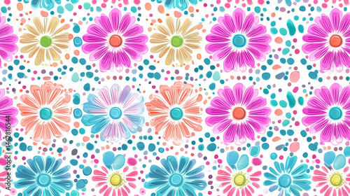 Vibrant seamless pattern with colorful daisies and abstract dots on white background for prints and textiles