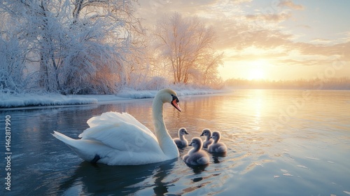 Fototapeta Naklejka Na Ścianę i Meble -  Majestic swan family in winter wonderland
