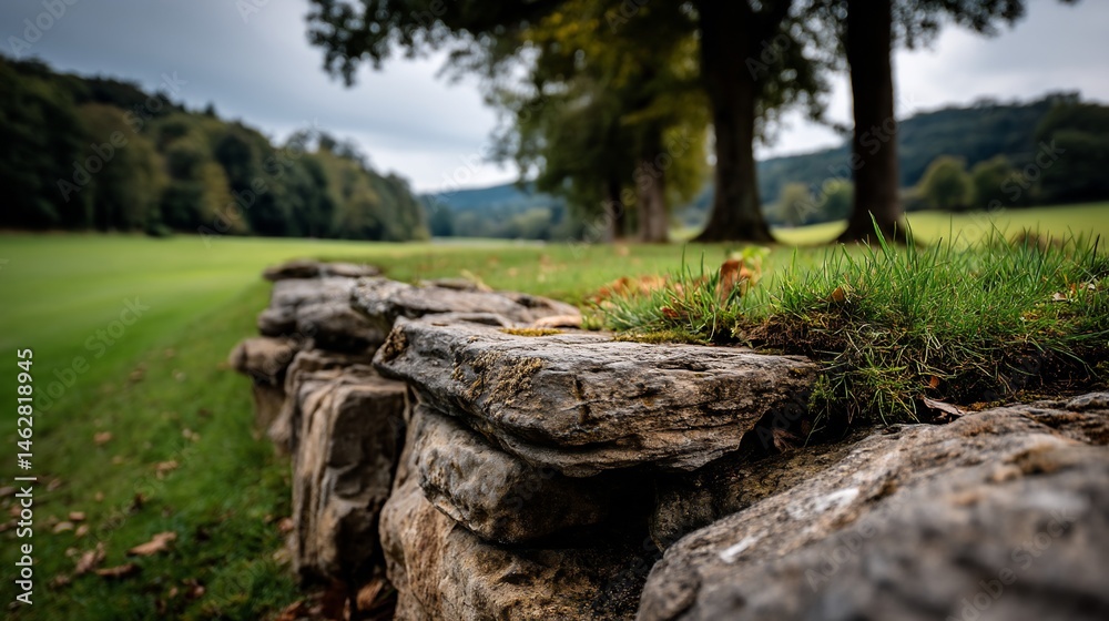 Stone wall bordering idyllic green landscape Stone wall bordering idyllic green landscape