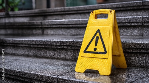 Wet Floor Caution Sign Yellow Triangle Warning Safety Stairs Granite Steps Outdoor stone wetfloor wetstairs floorsafe safetysign yellowsign  photo