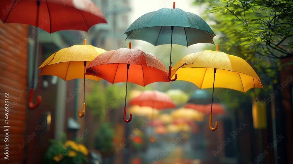 Obraz premium Colorful umbrellas float in a misty alley
