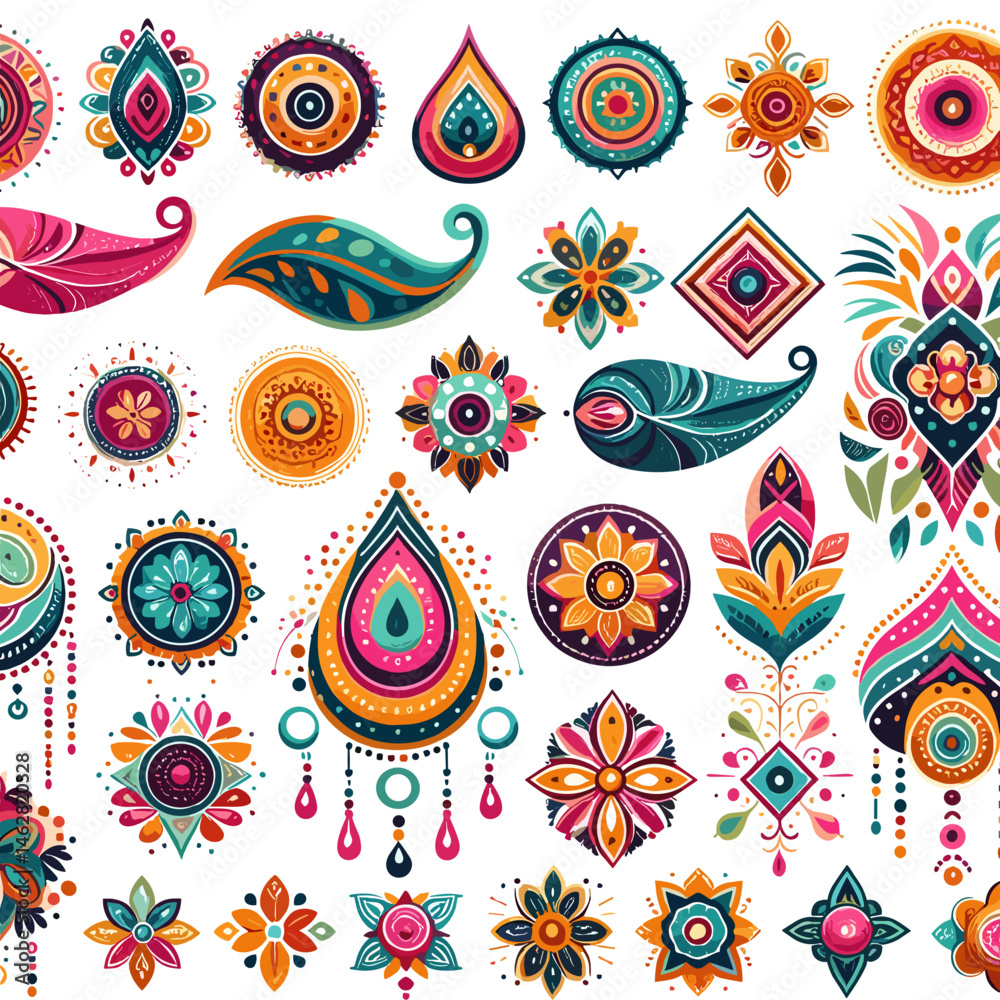 Naklejka premium Bindi decoration, Vibrant artistic patterns and designs on white background for creative projects