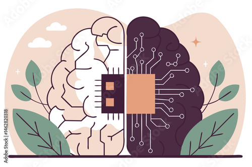 Futuristic fusion of artificial intelligence and human brain, digital mind connection