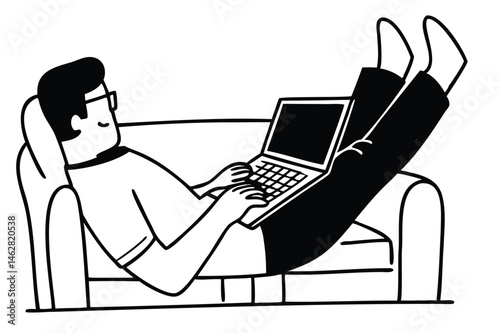 Man comfortably working on a laptop while relaxing on a cozy couch, digital illustration