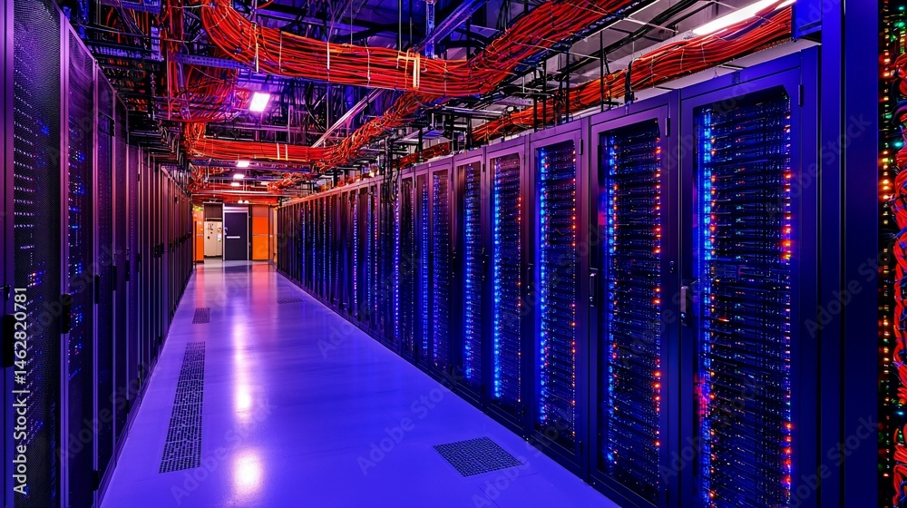 Fototapeta premium Massive server room with rows of powerful computer racks