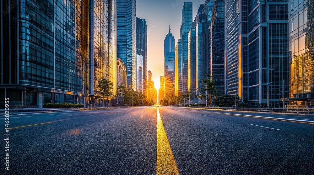 Fototapeta premium Urban avenue at sunrise. Empty road through skyscrapers