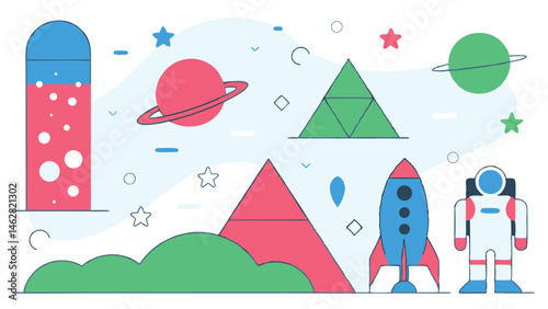 space, rocket, planet, mountain, geometric shapes, colorful, flat design, minimalist, children's illustration
