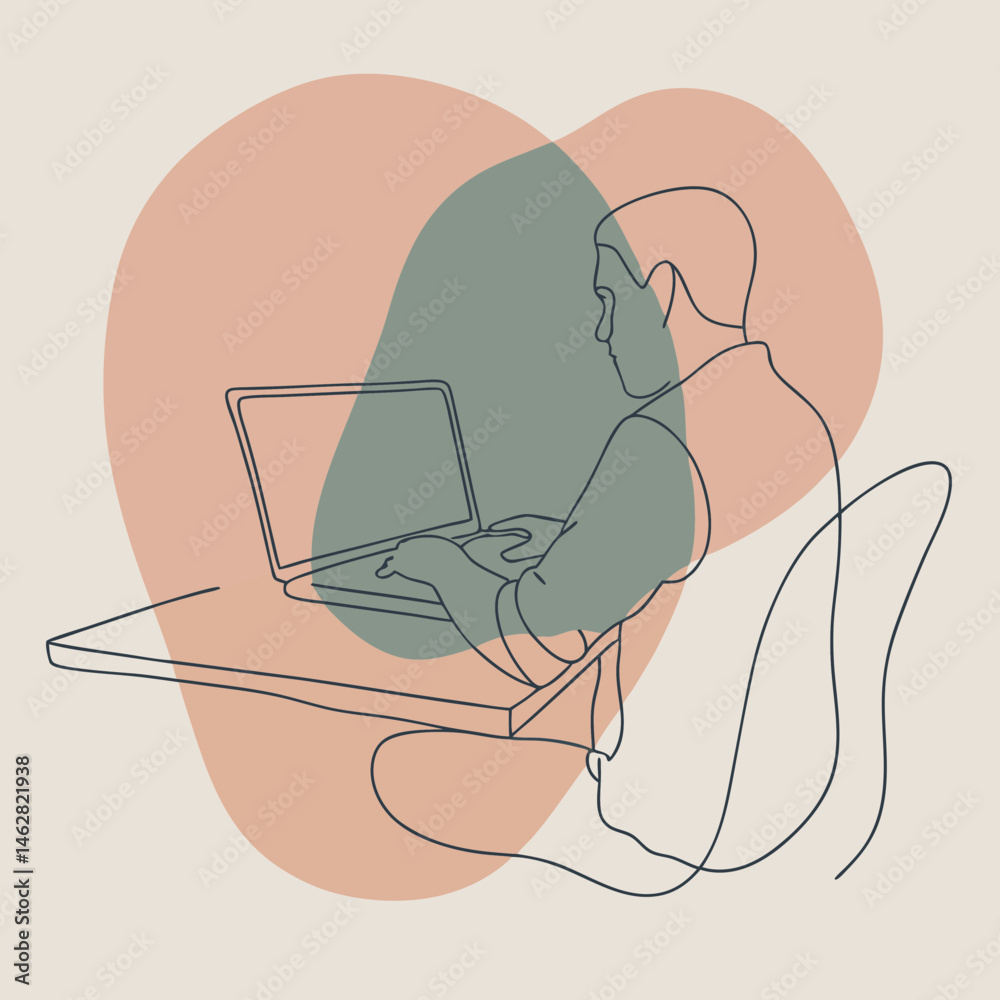 Line art illustration of a person working on a laptop at a desk, minimalist style, copy space
