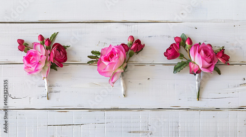 pink roses on white wooden background, top view.