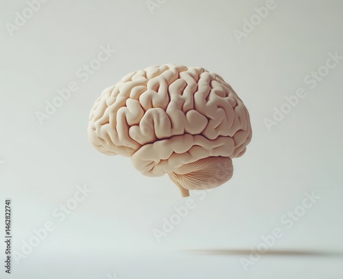 Beige 3D model of a human brain, isolated on a plain white background, highlighting its folds and texture