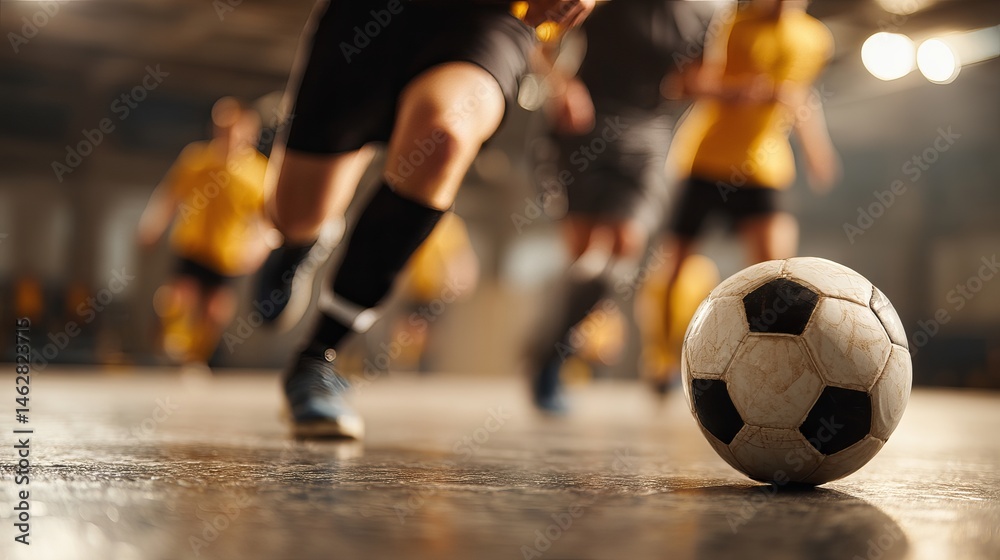 Fototapeta premium Indoor Soccer Action Intense Game Players Running Fast Dynamic Sports Photography Blurred Background Competition Energy team ball goal 