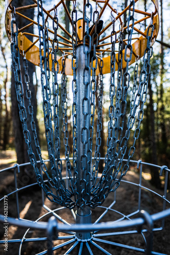 Low angle view of disc golf basket in forest course.