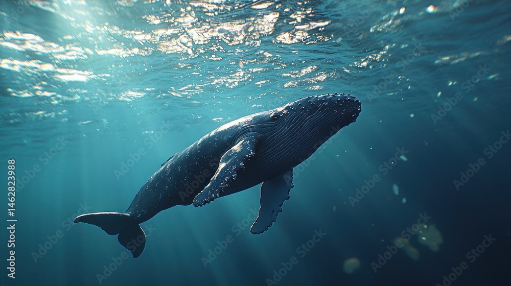 Fototapeta premium Majestic whale in deep ocean. Sunlight streams through the water