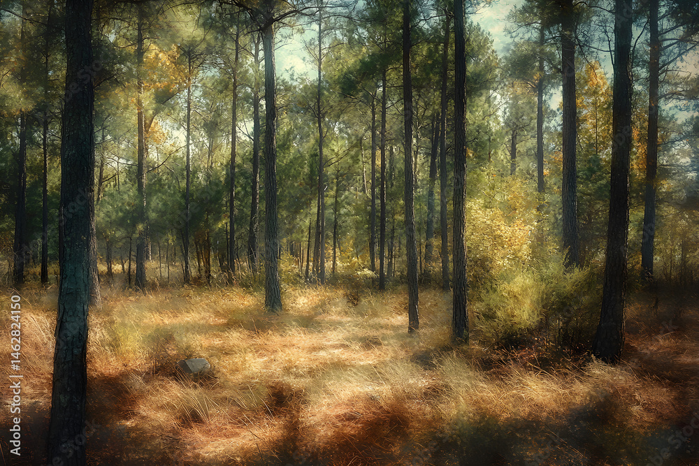 Naklejka premium Serenity in the Pines: An Enchanting Forest Retreat that Invites Tranquility and Connects You with Nature's Serenity and Beauty Amidst Tall, Towering Trees and Rustic Earthy Aromas