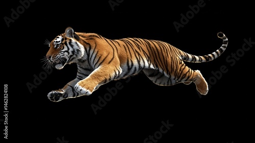 Powerful tiger leaps against black background. Detailed fur and stripes are visible.  A predatory stance photo