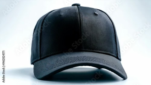 Close-up studio shot showcases a dark-colored, blank baseball cap on a bright background, offering a minimalist style.