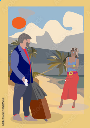 Obraz na płótnie Vector illustration of a couple in love walking on the beach. w salonie
