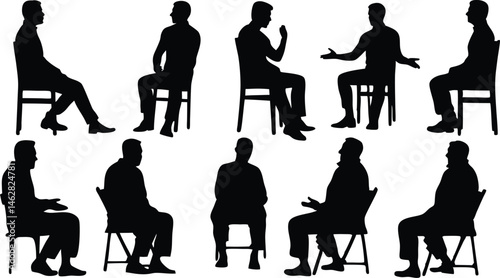 silhouettes of people sitting on chairs in various poses, vector illustration for stock images, ideal for design projects, presentations, educational materials, branding and marketing	